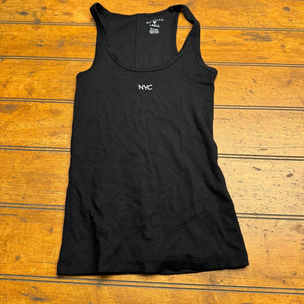 American‎ Eagle Ribbed Tank Top Black NYC Graphic Racerback Women XS